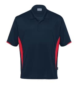 A navy polo shirt with red side panels and a logo on the chest. Ideal for casual or active wear.