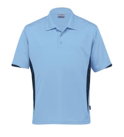 Light blue polo shirt featuring black side panels and a collar, with a logo on the chest.