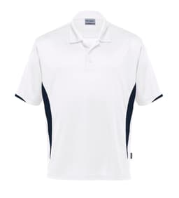 A white polo shirt with navy accents and a collar, featuring a logo on the chest.