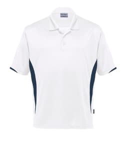 A white polo shirt with navy side panels and a collar, featuring a logo on the chest.