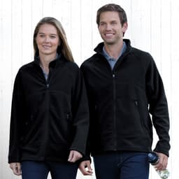 Two people wearing black Explorer Microfleece Jackets, featuring zippered pockets and standing against a neutral background.