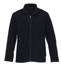 A black microfleece jacket with a zip front and two side pockets, featuring a logo.