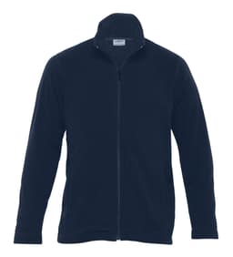 A navy polar fleece jacket with a zip front and high collar, featuring side pockets and a logo.
