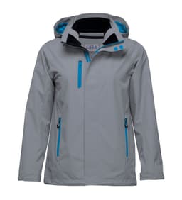 A soft shell jacket in grey with blue accents, featuring a hood and zippered pockets. Includes a logo.