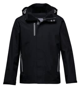 A black soft shell jacket featuring a hood, front zip, and zippered pockets, with reflective detailing and a logo.