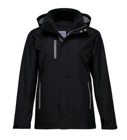 A soft shell jacket in black, featuring a hood and zippered pockets, with a logo on the chest.