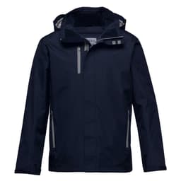 A navy soft shell jacket featuring a hood, front zippers, and reflective detailing, with branding on the inside.