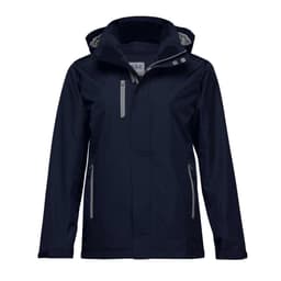 A navy soft shell jacket with a hood, featuring zippered pockets and reflective detailing. It has a logo on the chest.