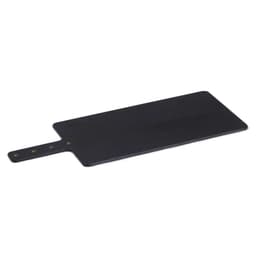 A rectangular black serving board with a handle and decorative rivets. Suitable for food preparation or serving.