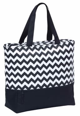 A black and white striped cooler tote with a zigzag pattern and a black zippered bottom compartment.