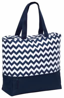 A navy and white chevron patterned tote bag with sturdy handles and a zippered pocket at the bottom.