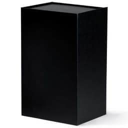 A black box with a simple design, featuring a lid on top and a smooth surface. It has a logo on one side.