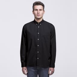 A black button-up shirt with a collar and long sleeves, featuring a chest pocket. It has a logo on the collar.