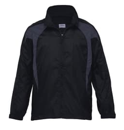 A black rain jacket with grey accents, featuring a zip front and a collar. It has a logo on the chest area.