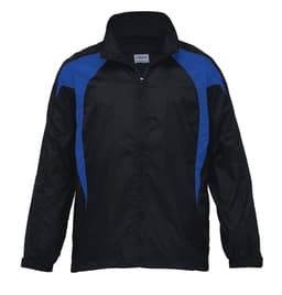 A black rain jacket featuring blue accents and a full zip front. It includes a collar and has a logo on it.