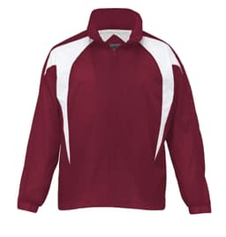 A maroon rain jacket with white accents, featuring a stand-up collar and elastic cuffs. Includes a logo.