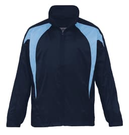 A navy rain jacket with light blue accents and a zip-up front, featuring a logo on the chest area.