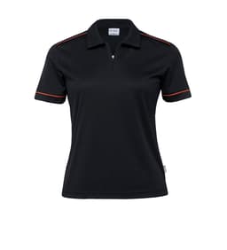 A black women's polo shirt featuring contrasting red trim and a logo on the chest.