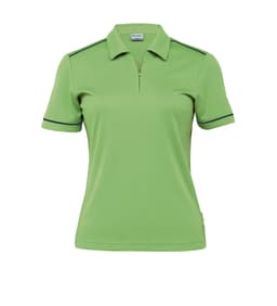 A green women's polo shirt with a zippered collar and contrasting trim, featuring a logo on the chest.