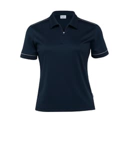 A women's polo shirt in navy blue with contrasting trim and a logo on the side.