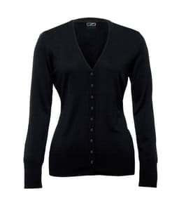 A black Merino cardigan for women featuring a V-neck and button closure, with long sleeves and ribbed hem.