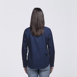 A navy button-up shirt for women, featuring long sleeves and a classic collar, viewed from the back.