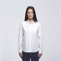 A button-up shirt in white, featuring long sleeves and a chest pocket, displayed against a plain background.
