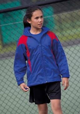 A blue jacket with red accents, featuring a front zip and a casual style, worn by a girl on a sports court.