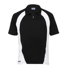 A black and white polo shirt with a zip collar and branded logo. Suitable for active wear.