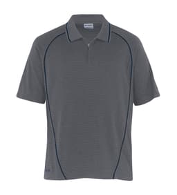 A grey polo shirt with short sleeves, featuring contrasting piping and a zip collar, along with a logo.