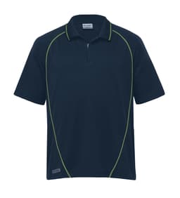 A navy polo shirt with lime green piping and a collar, featuring a logo on the chest.