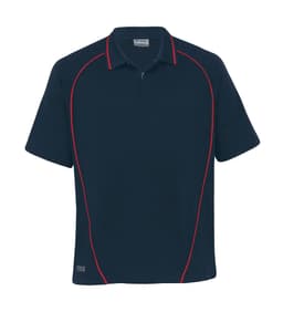 A navy polo shirt with red piping and a logo on the side, featuring a zip collar and short sleeves.