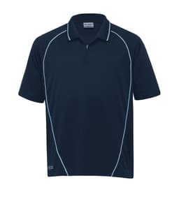 A navy polo shirt with light blue piping and a logo on the hem. It features a short zipper and a sporty design.