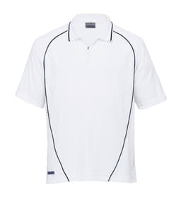 A white polo shirt with navy piping and a zip collar, featuring a logo on the hem.
