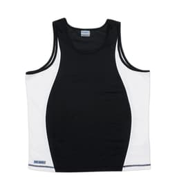 A black and white men's singlet featuring a logo, designed for active wear.