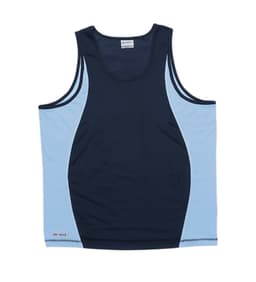 A navy blue and light blue men's singlet featuring a logo on the side.