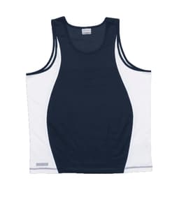 A men's singlet featuring navy blue and white panels, with a logo on the side.