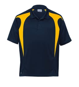 A navy and yellow polo shirt featuring a logo, with a spliced design for a modern look.