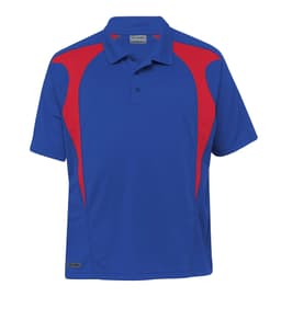 A blue polo shirt with red spliced accents, featuring a collar and short sleeves. It has a logo.