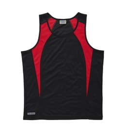 A black singlet with red spliced accents and a logo, designed for men.