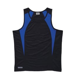 A black singlet with blue spliced panels, featuring a logo. Suitable for men's active wear.