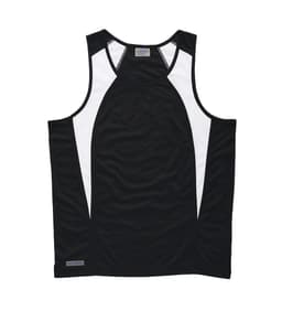 A black and white men's singlet with side splicing and a logo. Casual athletic wear suitable for sports.