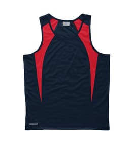 A men's singlet in navy blue with red spliced accents. Features a logo on the hem.