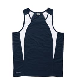 A navy and white men's singlet with a logo. Features a spliced design and sporty cut.