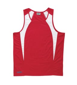 A red men's singlet with white spliced panels and a logo on the hem. Suitable for sports and casual wear.