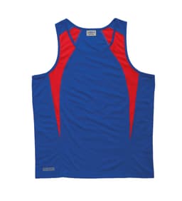 A blue and red men's singlet with a contrasting spliced design and a logo.