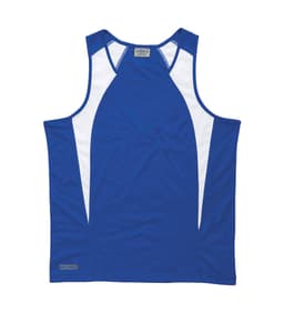 A blue singlet with white spliced panels, featuring a logo at the bottom. Suitable for men's activewear.