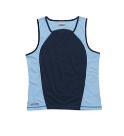 A women's singlet in light blue and navy, featuring a contrasting design and a logo.