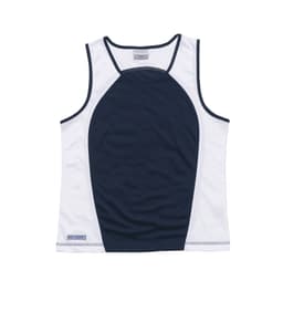 A navy and white women’s singlet with a fitted design and branding on the hem.