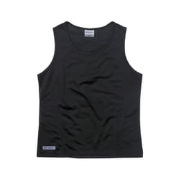 A black women's singlet from Dri Gear with a fitted design and a logo on the side.